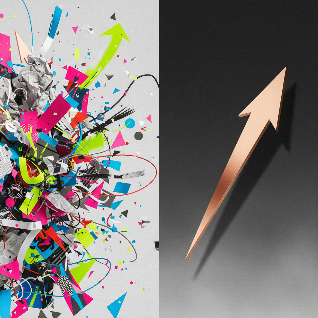 A professional comparison showing a cluttered generalist approach versus a streamlined, focused niche agency strategy