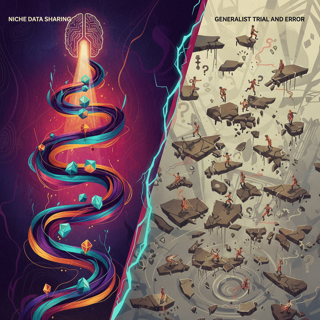 Infographic showing the efficiency of niche data sharing vs generalist trial and error