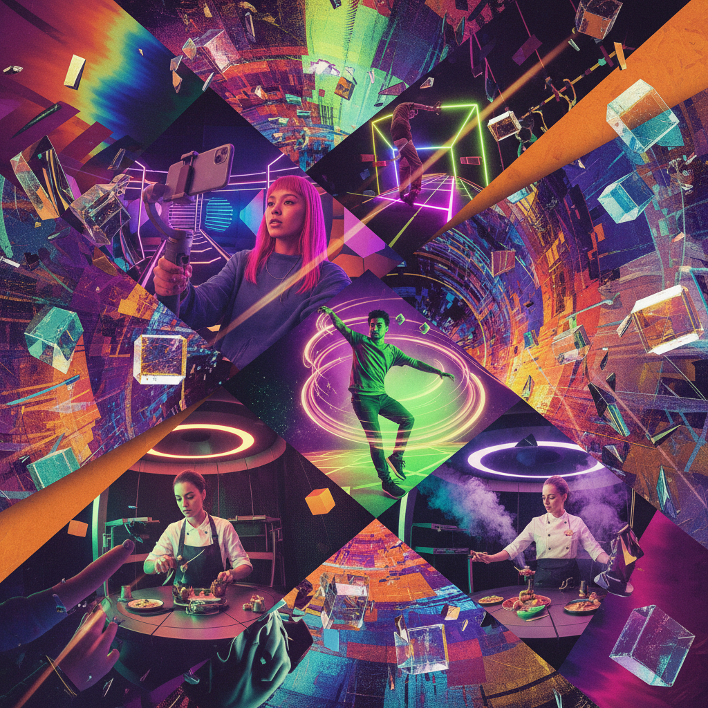 A collage showing different micro-influencers filming content inside a modern entertainment facility