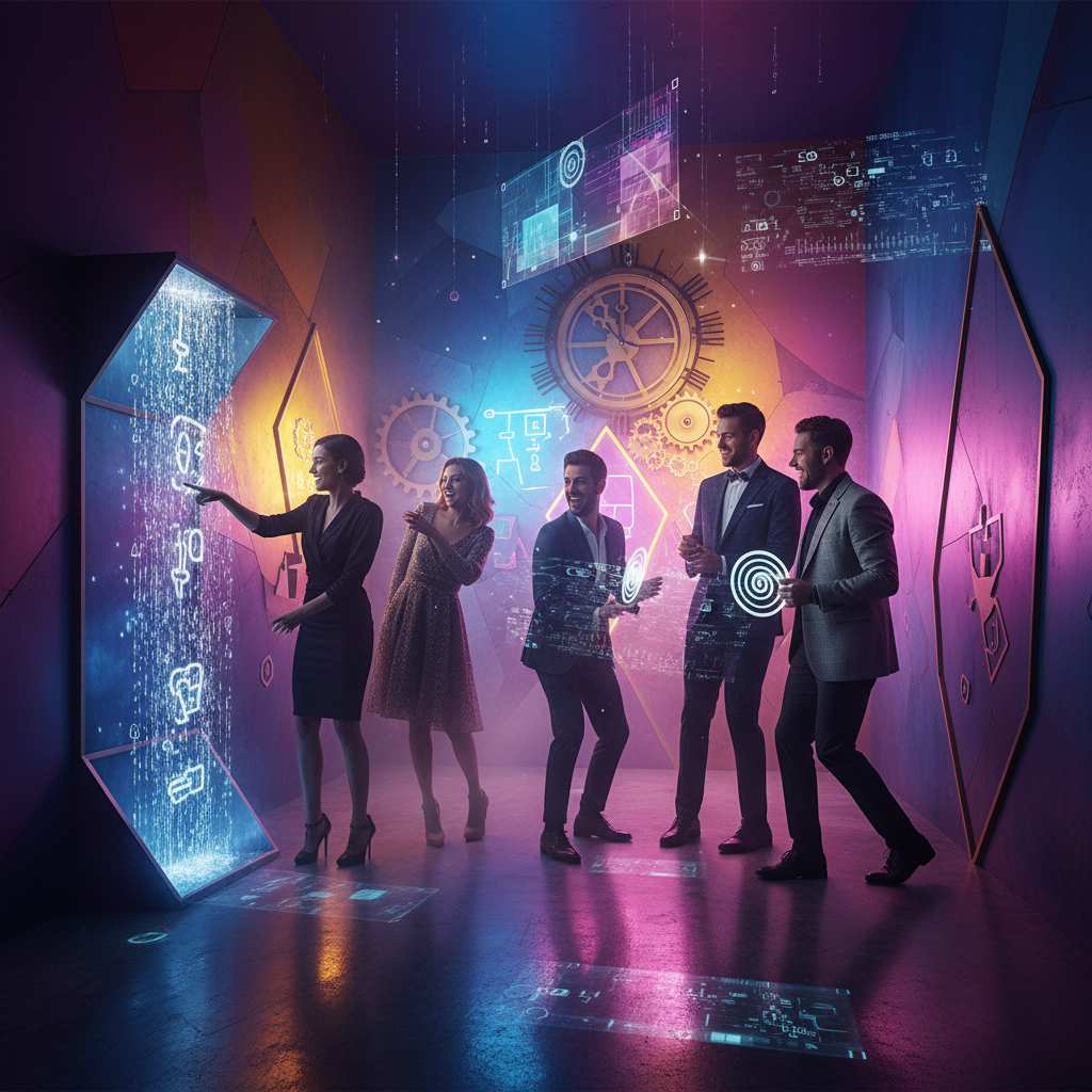 A group of happy customers participating in a "VIP Preview" night at a high-end escape room