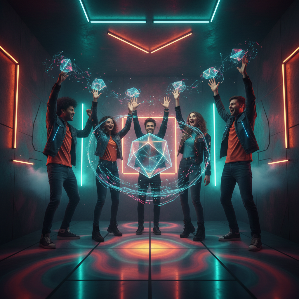 A high-energy group of friends successfully solving a puzzle in a high-tech 2026 escape room venue