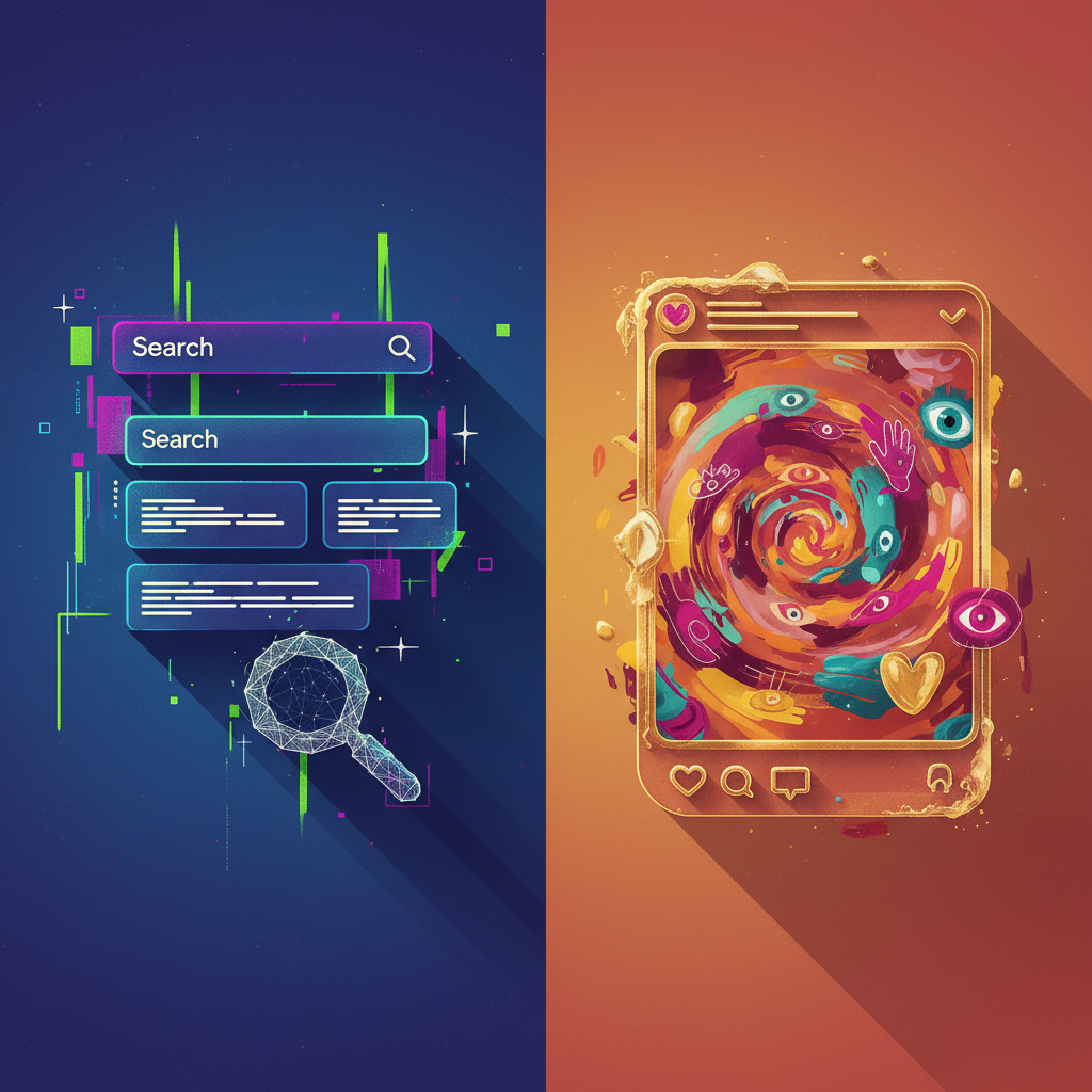 A split-screen infographic showing a Google Search result on one side and a dynamic Instagram Ad on the other