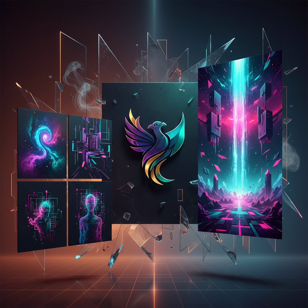 A collage of professional branding assets including a sleek logo, dark-themed social media posts, and a high-end physical poster